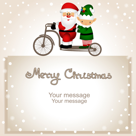 Christmas card. Santa Claus and elf on a bicycleの写真素材