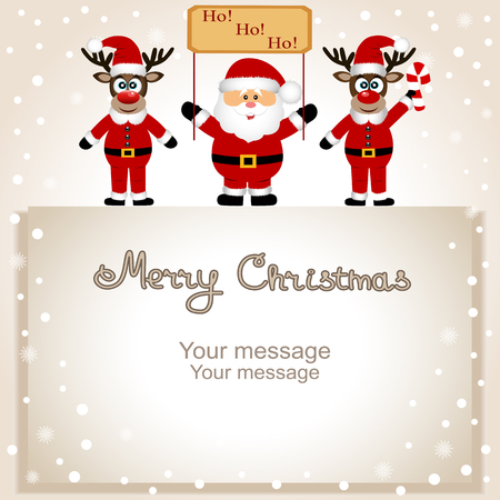 Christmas card. Funny postcard with Christmas reindeers and Santのイラスト素材