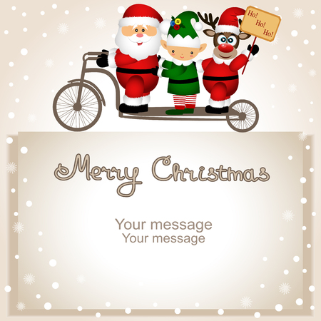 Christmas card. Santa Claus, elf and Christmas reindeer on a bicの写真素材
