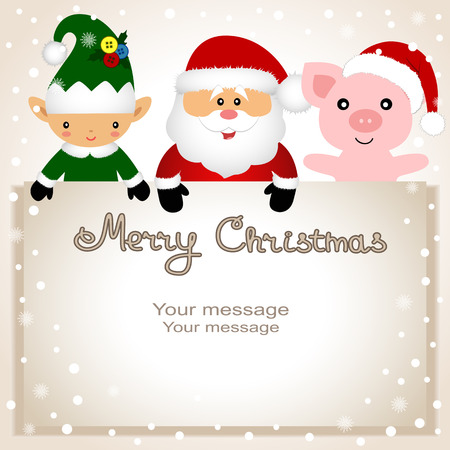 Christmas card. Funny postcard with Christmas Elf, pig and Santaの写真素材