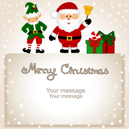 Christmas card. Funny postcard with Christmas elf and Santa.の写真素材