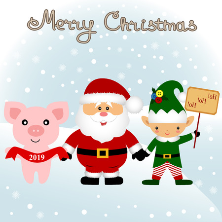 Christmas card. Funny postcard with Christmas Elf, Christmas pig and Santa. Vector Illustration.のイラスト素材