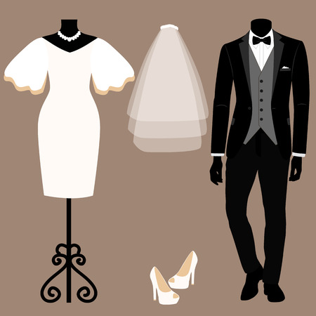 Wedding card with the clothes of the bride and groom. Wedding set. Beautiful wedding dress and tuxedo. Vector illustration.のイラスト素材