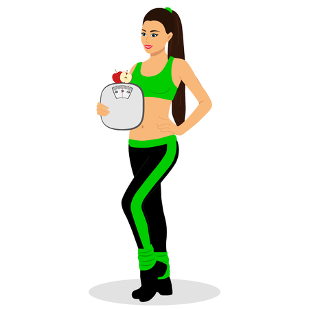 Healthy Lifestyle. The choice. Thin woman. Proper nutrition. Weighing. Flat design Vector illustrationのイラスト素材