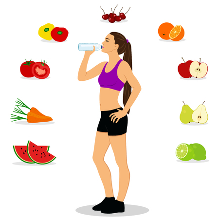 Healthy Lifestyle. The girl drinks water. Thin. Proper nutrition.のイラスト素材