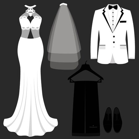 Wedding card with the clothes of the bride and groom. Wedding set.のイラスト素材