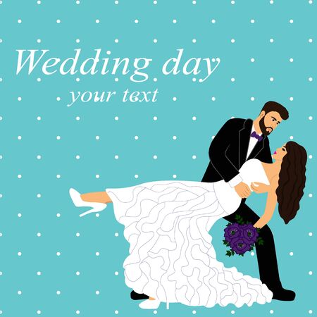 Wedding card with the newlyweds. Bride and groom. A couple is dancing. Isolated objects. Vector illustration.のイラスト素材