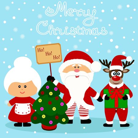 Christmas card. Funny postcard with Santa Claus, Mrs. Santa Claus and Christmas reindeer. Vector Illustration.
のイラスト素材
