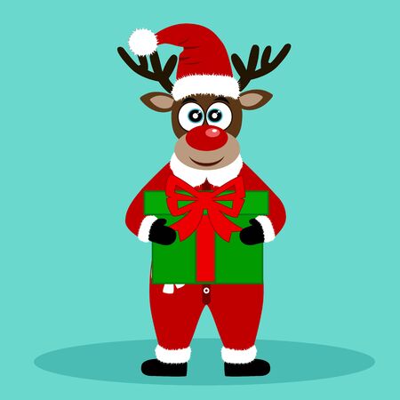 Christmas Reindeer. Christmas card. Funny reindeer with a gift. Merry Christmas. Vector illustration.のイラスト素材