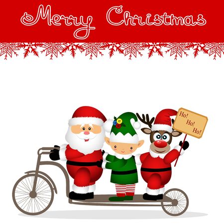 Christmas card. Santa Claus, elf and Christmas reindeer on a bicycle. Funny postcard with Santa, Christmas reindeer and elf. Vector Illustrationのイラスト素材