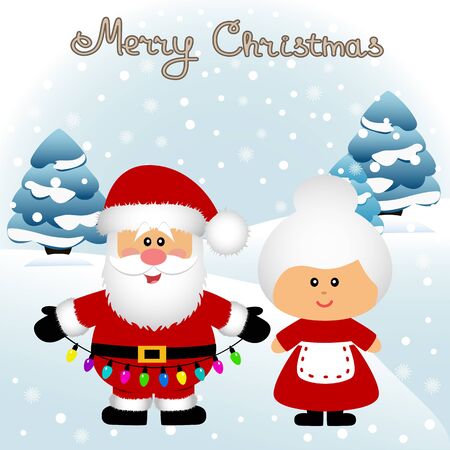 Christmas card. Funny postcard with Mrs. Santa Claus and Santa Claus. Vector Illustration.のイラスト素材