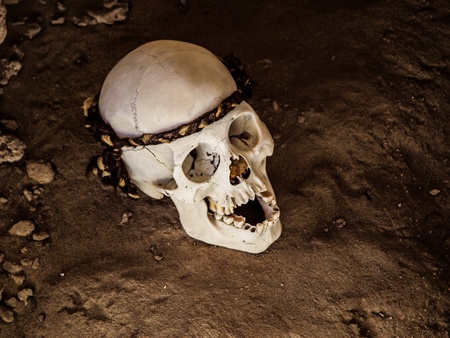 Skull in Chauchilla archeological site near Nazca (Peru)の写真素材