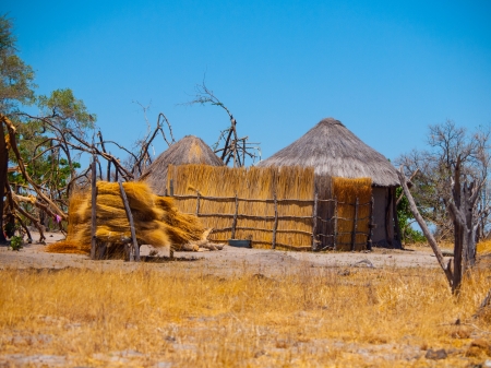 Strawy huts of african village in Botswanaの写真素材