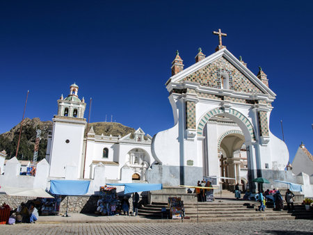 Great portal of white catholic church in Copacabana  Bolivia 