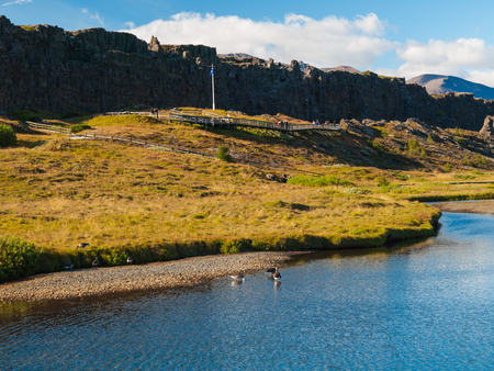 Thingvellir - area with river and geological rift in Icelandの写真素材