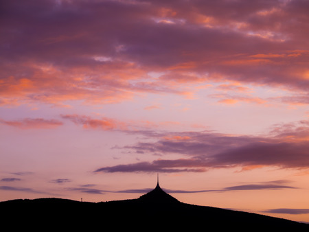 Silhouette of Jested mountain in the evening (Czech Republic)の写真素材