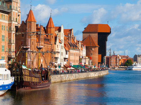 Motlawa riverside with historical buildings and crane, Poland, Gdansk