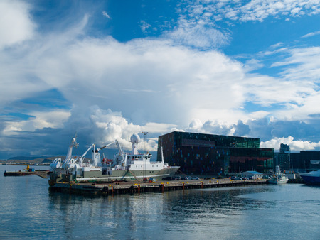 Reykjavik Harbor with stormy clouds, view from bay, Icelandのeditorial素材