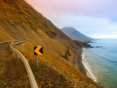 Coastline highway built in steep slope, Iceland