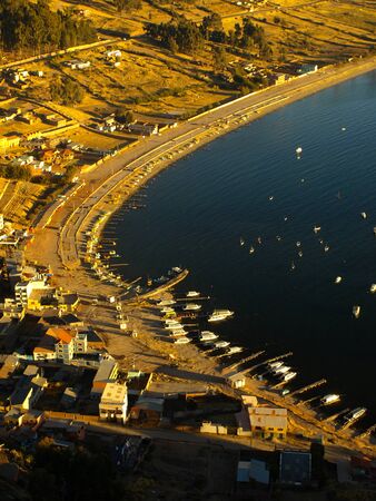 Copacabana beach and harbor aerial view, Titicaca lake, Boliviaの写真素材