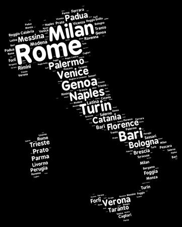 Word cloud in a shape of Italy contains large cities. White text on black background, vector illustrationのイラスト素材
