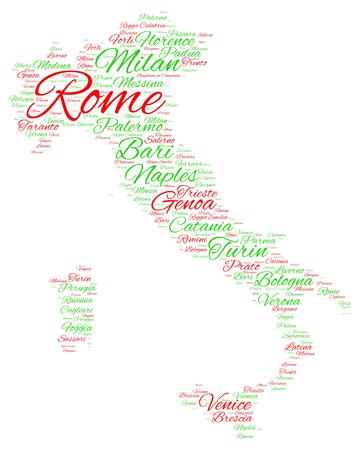 Word cloud in a shape of Italy contains large cities. Red and green text on white background, vector illustrationのイラスト素材