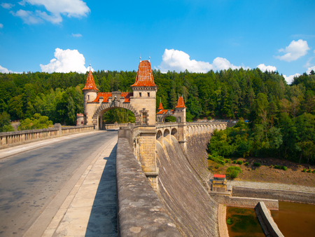 Fairytale dam Les Kralovstvi with nice towers in sunny day, Czech Republicの写真素材