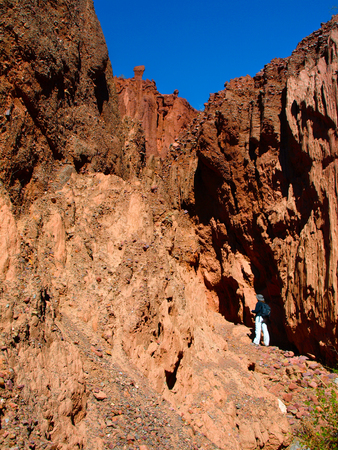 Woman standing at the end of red rock canyon, Tupiza, Boliviaの写真素材