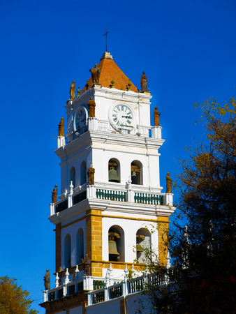 White tower of Metropolitan Cathedral in Sucre, Boliviaの写真素材