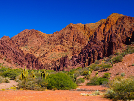 Red rock formations in the dry valley - quebrada - of western-like landscape near small town Tupiza in southern Boliviaの写真素材