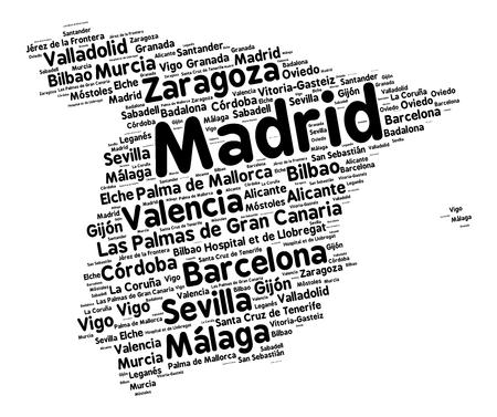 Word cloud in a shape of Spain contains large spanish cities. Black text on white background in positive slope, vector illustrationのイラスト素材