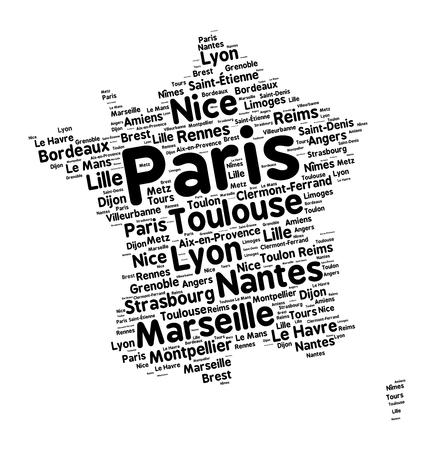 Word cloud in a shape of France contains large french cities. Black text on white background in positive slope, vector illustrationのイラスト素材