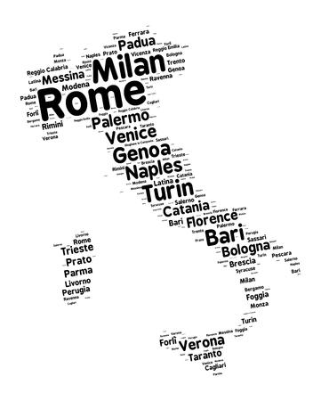 Word cloud in a shape of Italy contains large italian cities. Black text on white background in positive slope, vector illustrationのイラスト素材