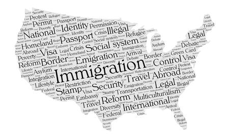 Immigration word cloud concept in a shape of United States silhouette. Black text on grey map.のイラスト素材