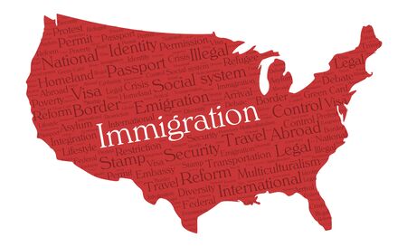 Immigration word cloud concept in a shape of United States silhouette. Dark red text on red map with higlighted immigration wordのイラスト素材