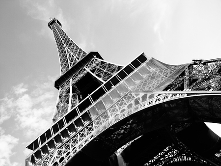 Detailed bottom view of Eiffel tower, Paris, black and white image