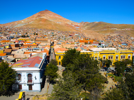 Cerro Rico and rooftops of Potosi centre, view from Cathedral, Boliviaの写真素材