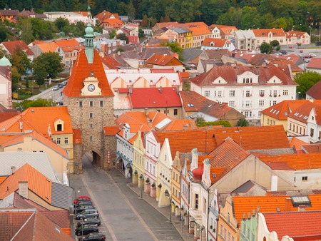 Aerial view of gothic Lower Gate in Domazlice, Czech Republicの写真素材