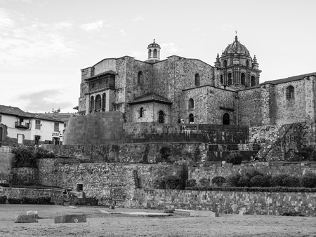 Main Incan temple Qoricancha or Coricancha in Cusco, Peru. Black and white image.の写真素材