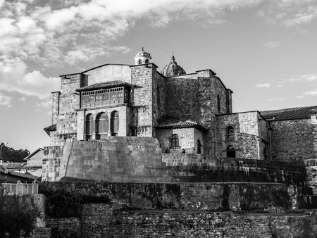 Main Incan temple Qoricancha or Coricancha in Cusco, Peru. Black and white image.の写真素材