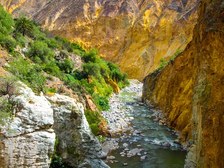 Wild Colca River on the bottom of Colca Canyon in Peruの写真素材