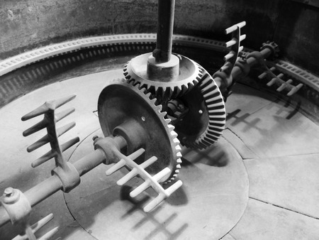 Mixing machinery in old mash tank in beer brewery. Black and white imageの写真素材