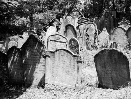 Headstones in the Jewish cemetery. Black and white image.