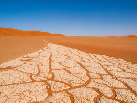 Cracked soil and red sand of Namib desert, Deadvlei, Naukluft National Park, Namibia.の写真素材