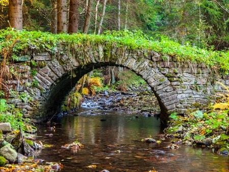 Picturesque old stone bridge over calm brook in an autumn forestの写真素材