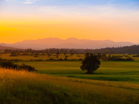Evening landscape with green meadows and mountain ridge on a horizon after sunset, Sloveniaの写真素材