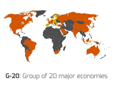 G-20 or Group of major economies in the world. Highlighted by orange in blank world political map.のイラスト素材