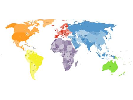 Colored political world map with names of sovereign countries and larger dependent territories. Different colors for each continent. South Sudan included.のイラスト素材
