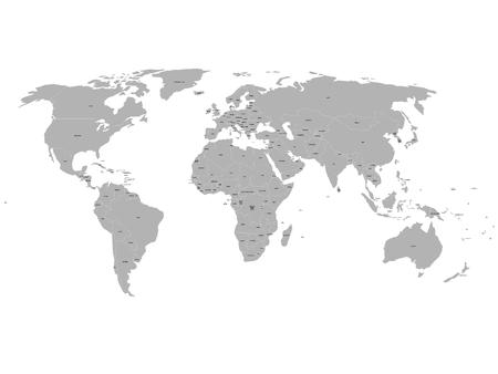 Grey political world map with names of sovereign countries and larger dependent territories. South Sudan included.のイラスト素材