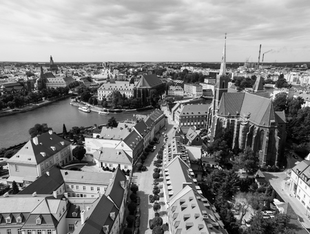 Aerial view of Wroclaw from tower of Cathedral of St. John the Baptist, Poland. Black and white image.の写真素材